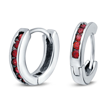 Eternity Huggie Hoop Earrings Channel Round Simulated Garnet CZ 925 Sterling Silver